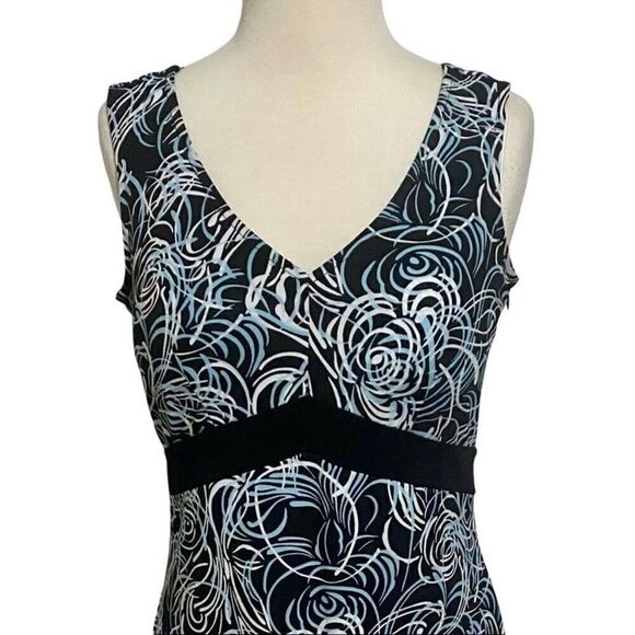 Ann Taylor Loft Sleeveless Dress Sz 2 Black with Teal & White Swirls Side Zipper - Picture 2 of 9